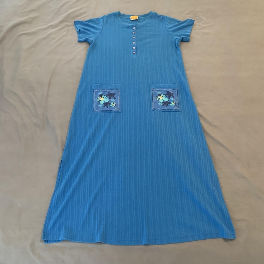 Down Under Dress Womens Medium Blue‎ Henley Rib Knit Maxi Patch Pockets Tropical